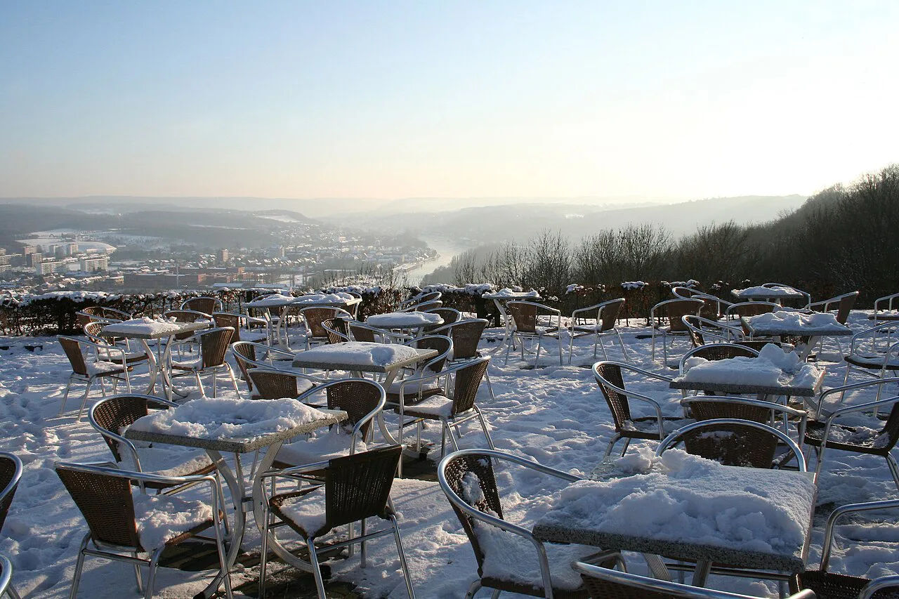The Meuse valley under snow, seen from a terrace on the citadel in Namur.