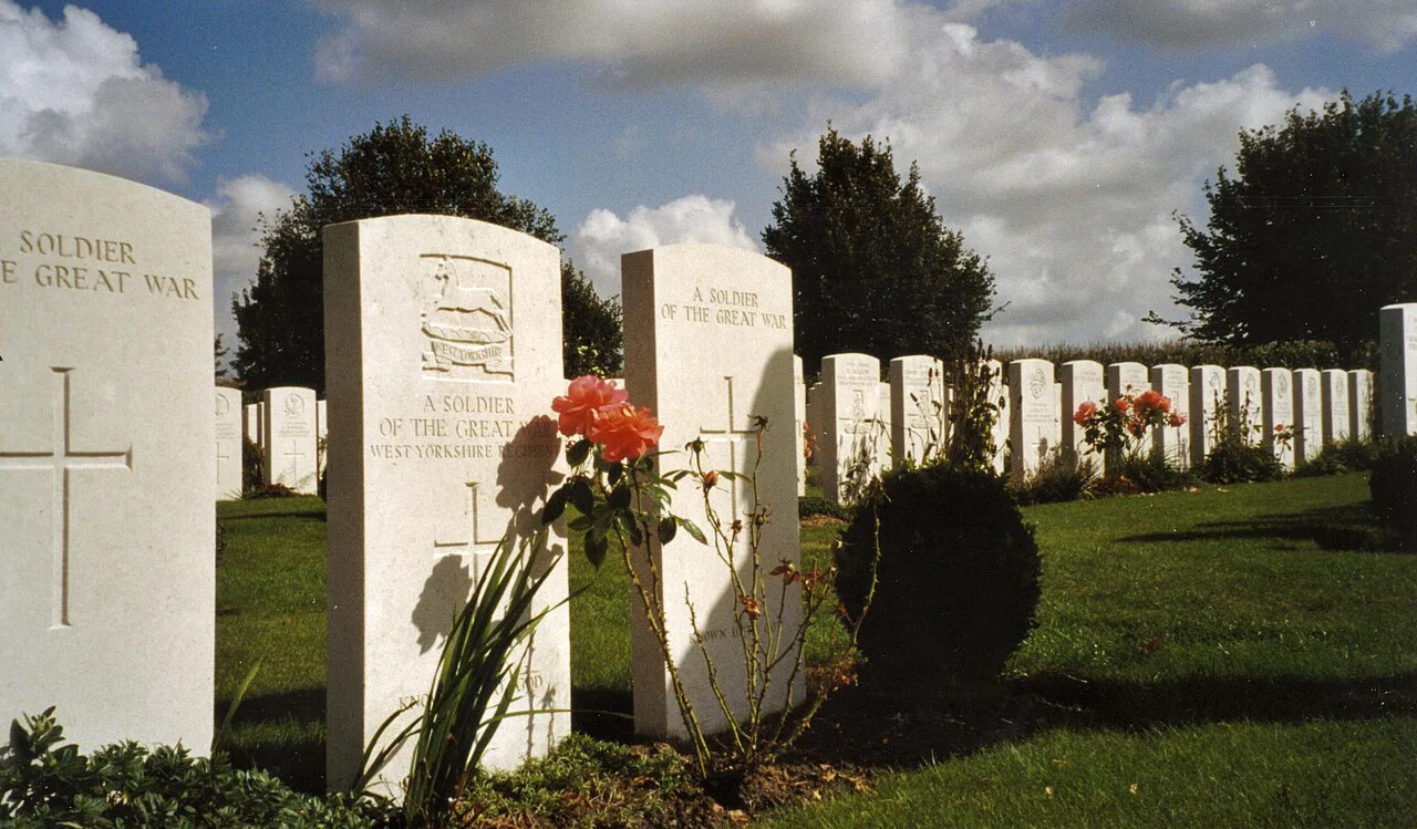 Headstones of unknown soldiers at Hooge Crater Cemetery near Ypres.
