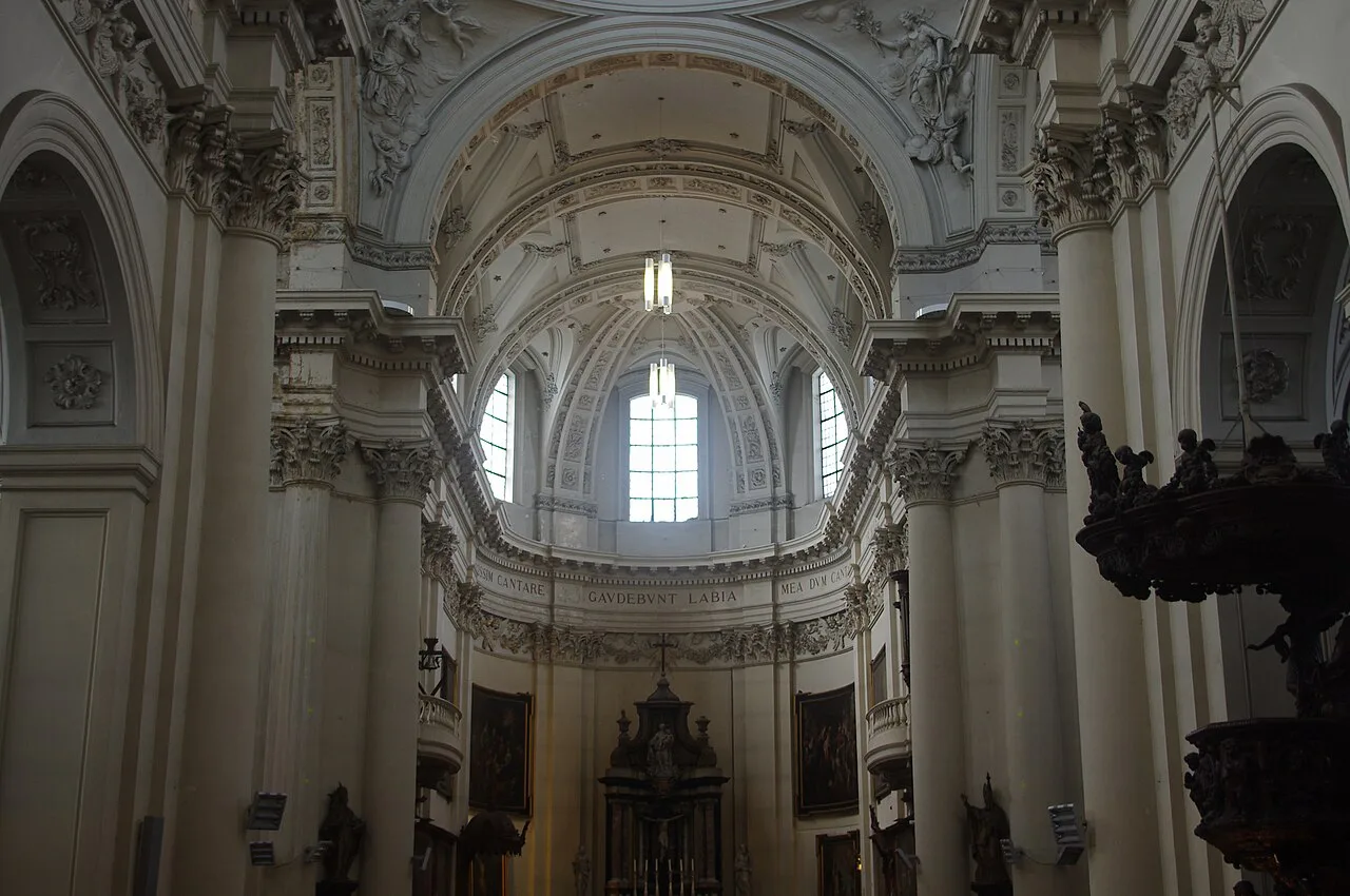 The Baroque interior of St Aubin's Cathedral, Namur.
