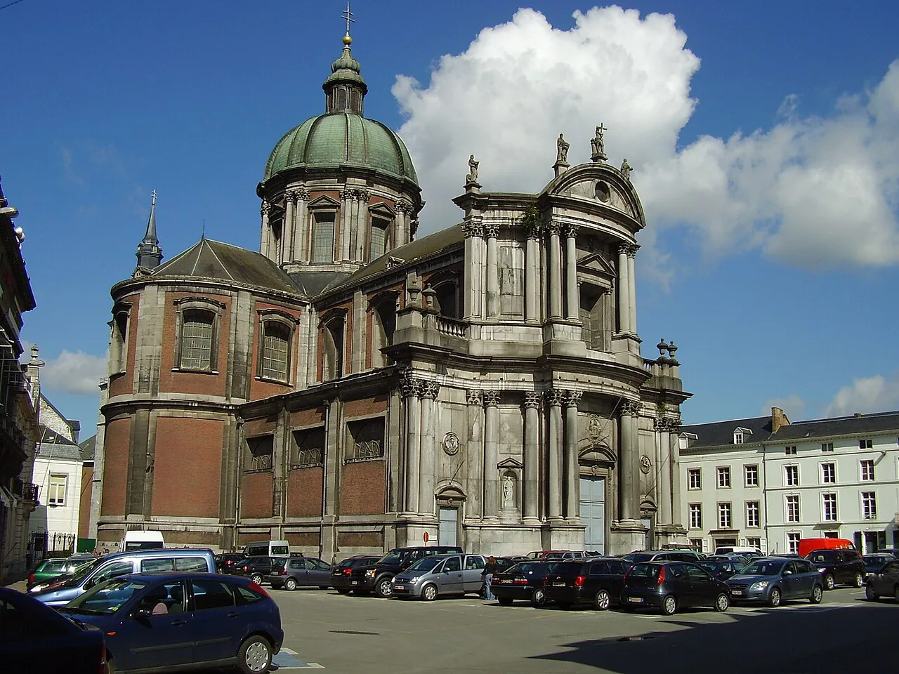 The domed façade of St Aubin's Cathedral, Namur.