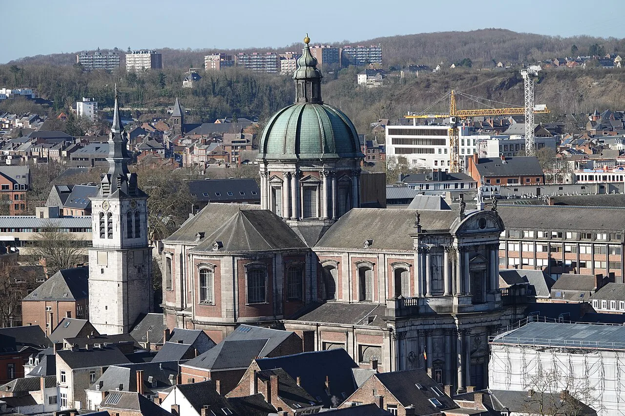 St Aubin's Cathedral and the rooftops of central Namur seen from above.