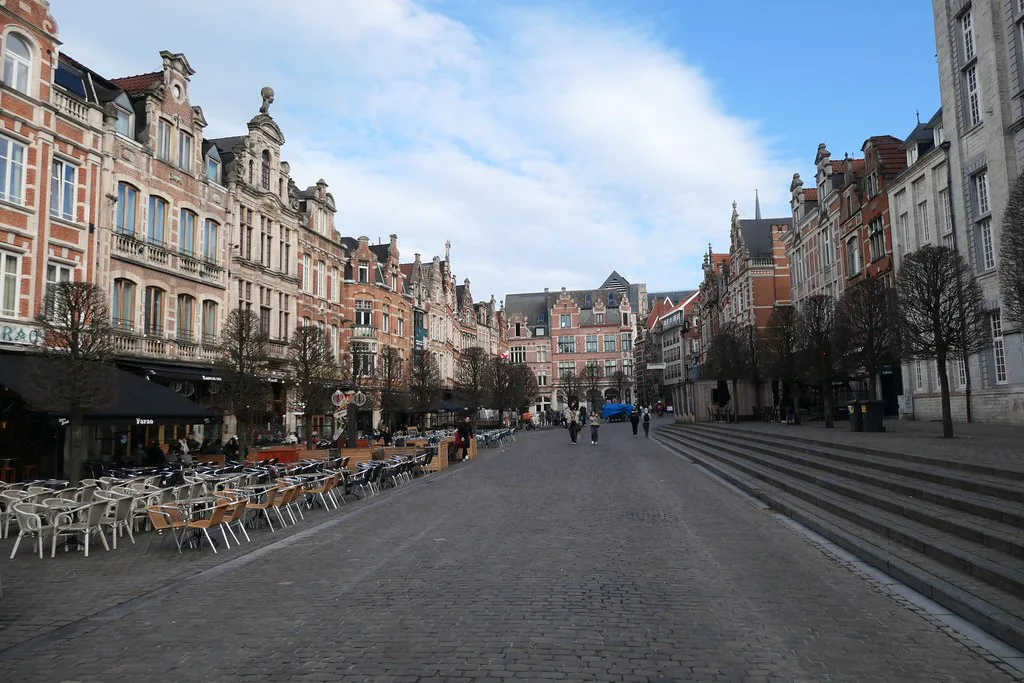 Café terraces lining the Oude Markt, Leuven.