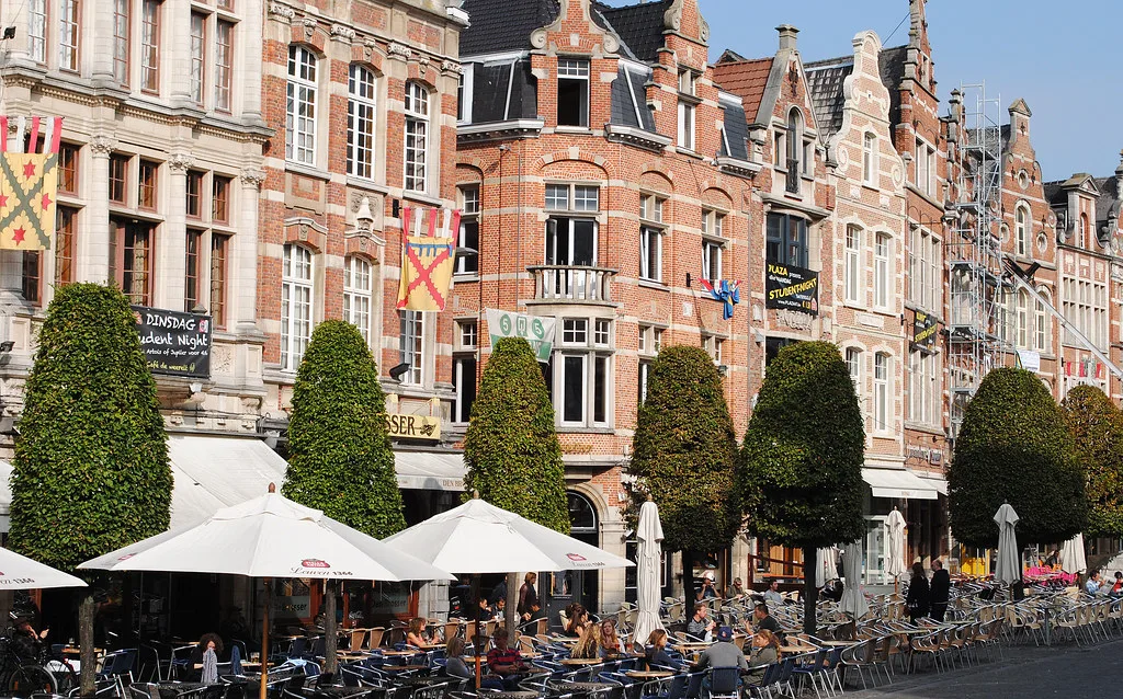 Café terraces lining the Oude Markt in Leuven.
