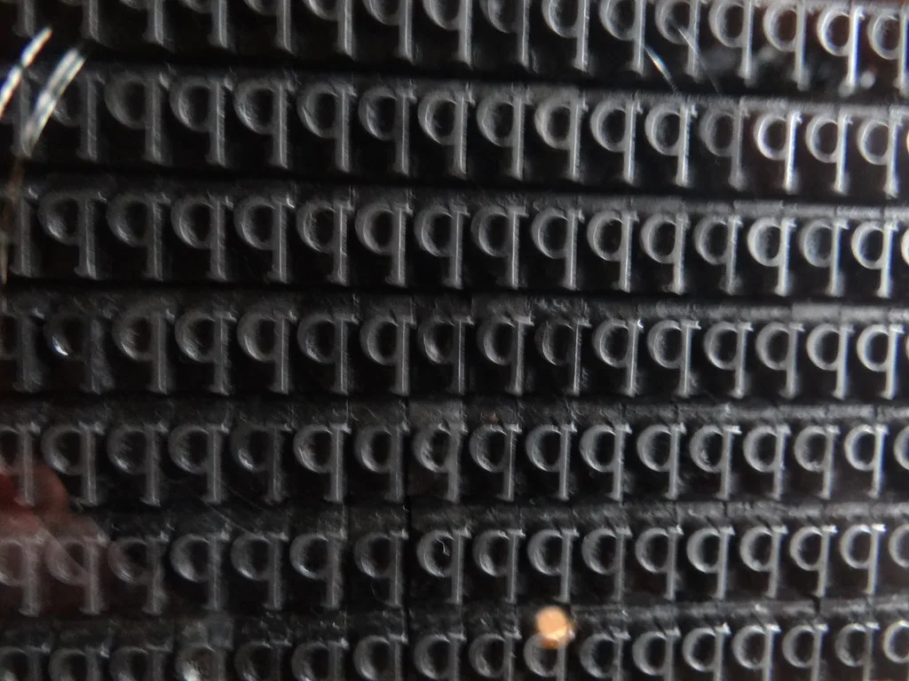 Rows of metal printing type at the Museum Plantin-Moretus, Antwerp.
