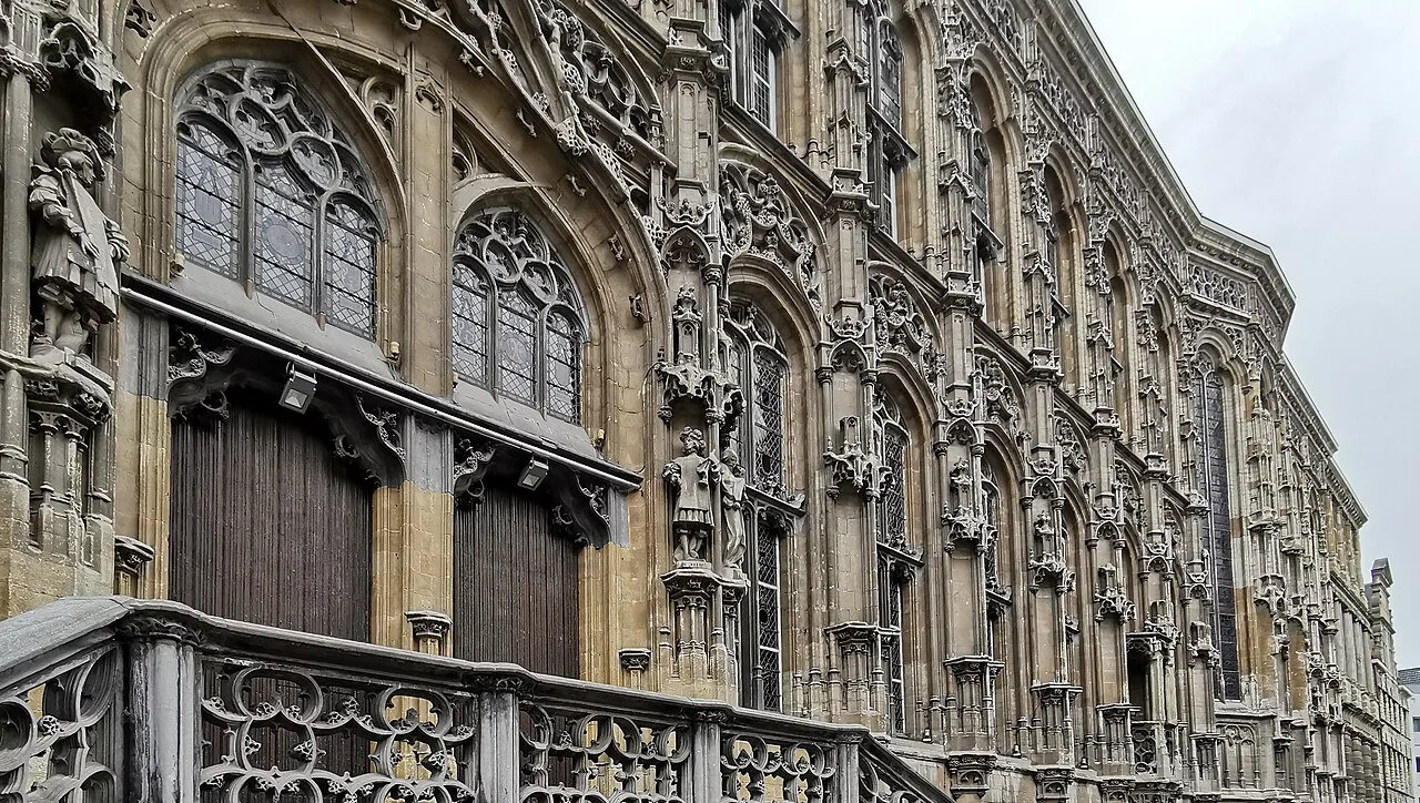 The ornate Gothic facade of Ghent City Hall, Ghent.