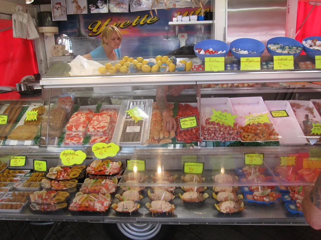 A seafood stall along the Visserskaai in Ostend.