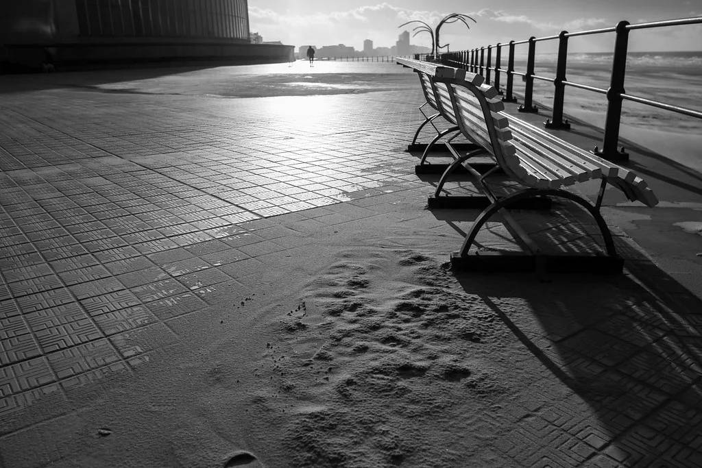 Benches along the seafront promenade, Ostend.
