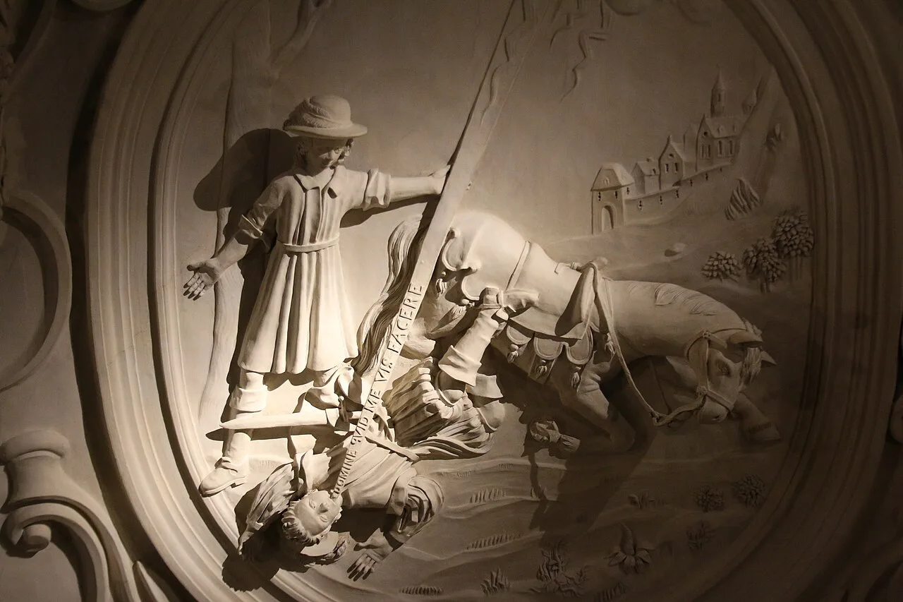 A stucco relief of a mounted figure inside Park Abbey, Leuven.