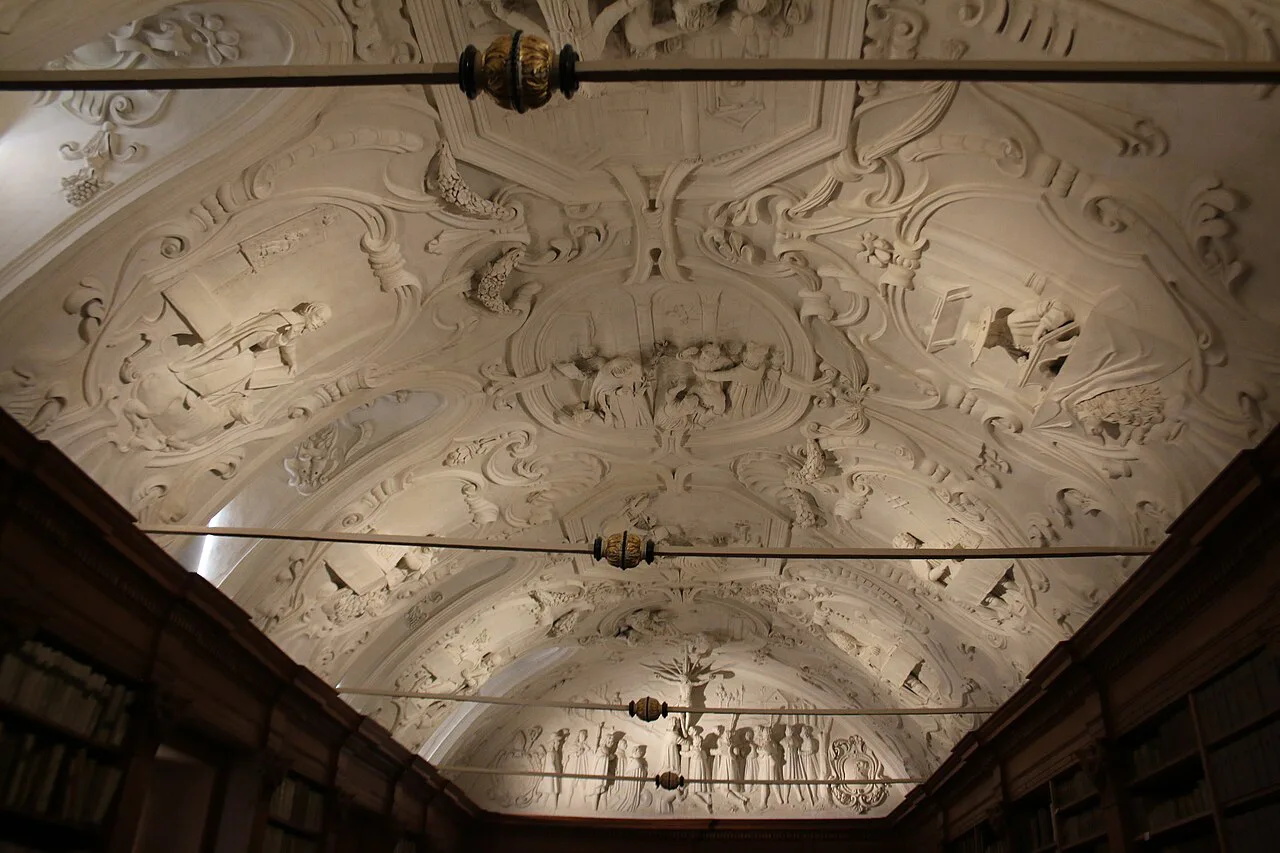 An ornate stucco ceiling inside Park Abbey, Leuven.