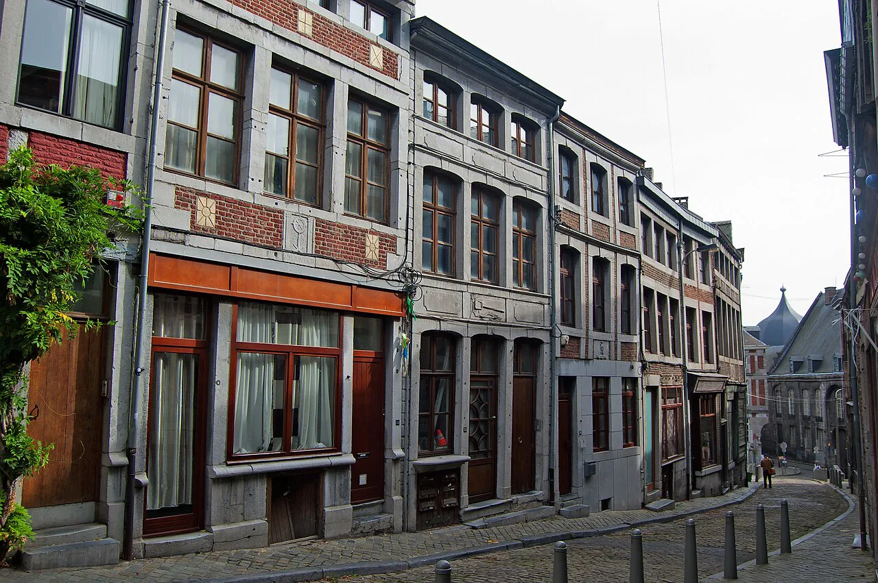 Historic houses along the sloping Rue Pierreuse, Liège.