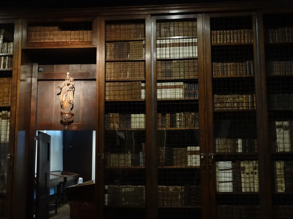 Historic bookcases in a library room of the Museum Plantin-Moretus, Antwerp.