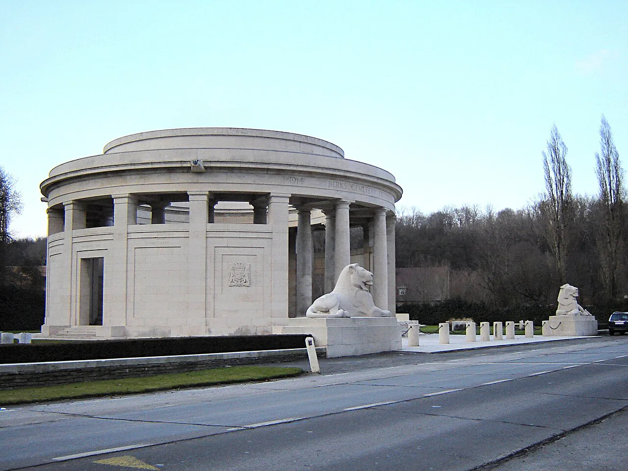 The colonnaded rotunda of the Ploegsteert Memorial, guarded by stone lions, Ploegsteert.
