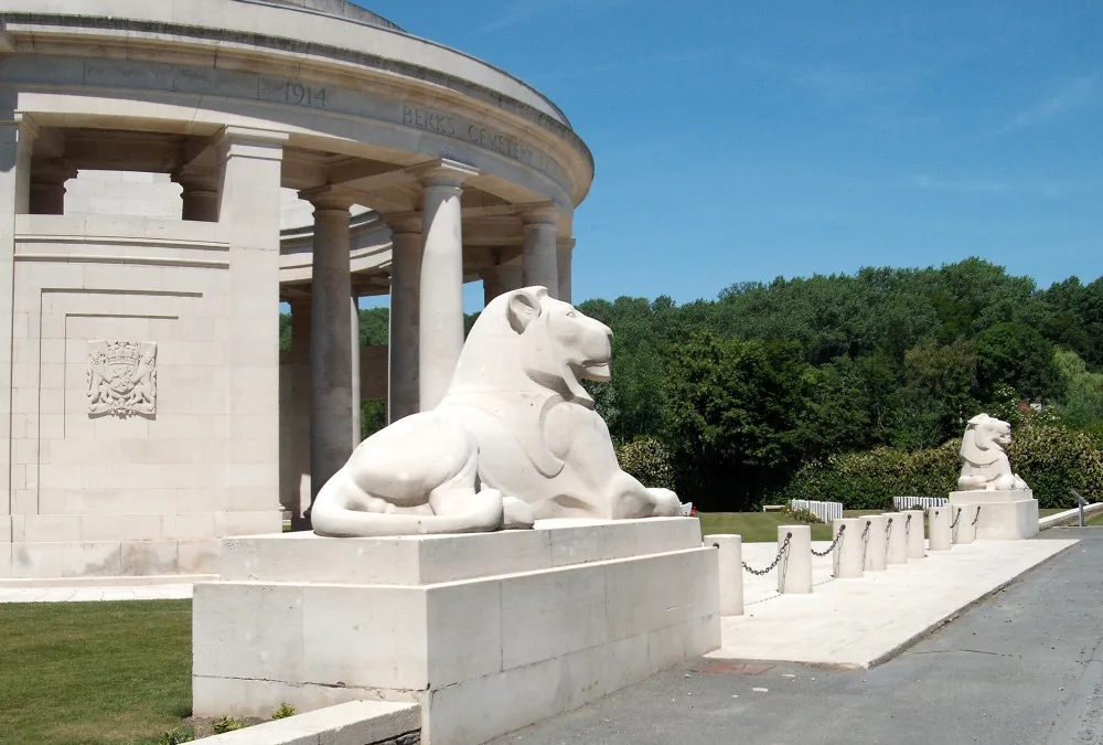 One of the stone lions at the Ploegsteert Memorial, Ploegsteert.