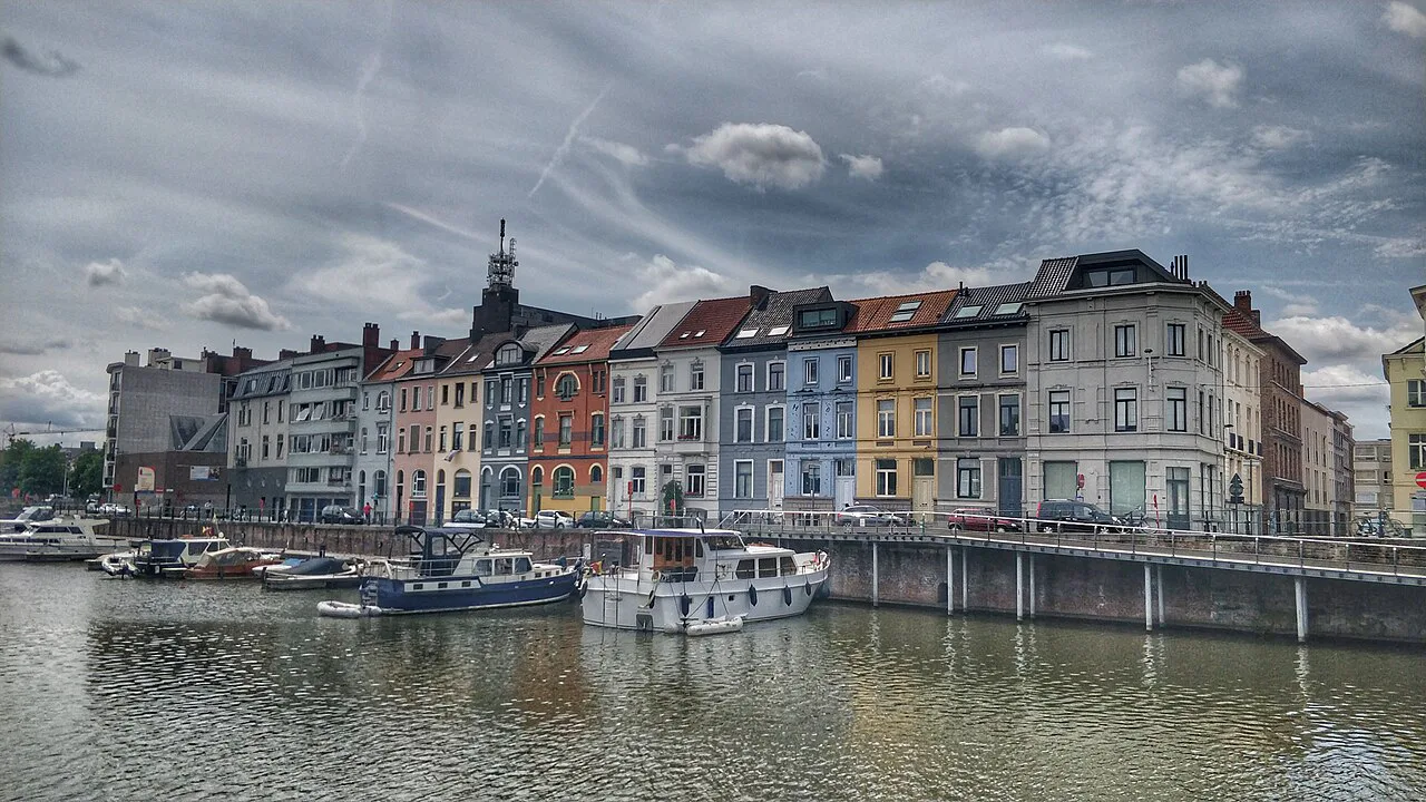 Colourful waterfront houses around the Portus Ganda marina, Ghent.