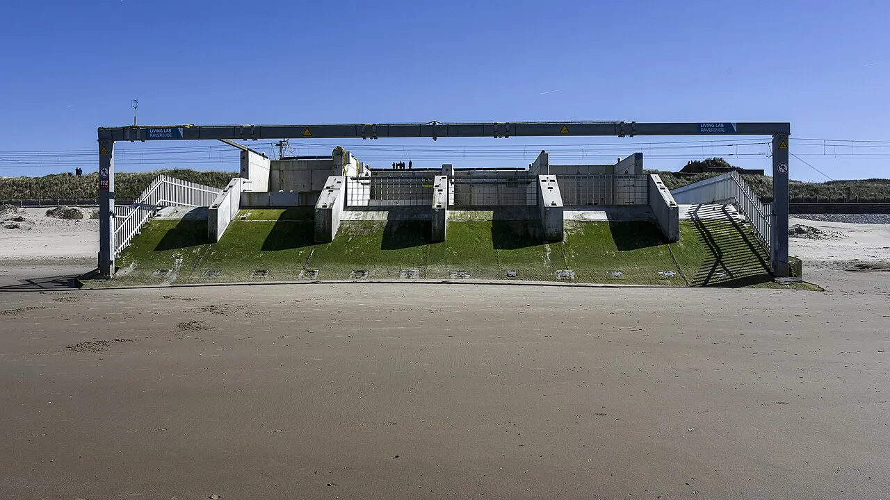 A coastal test structure on the beach at Raversijde, Ostend.
