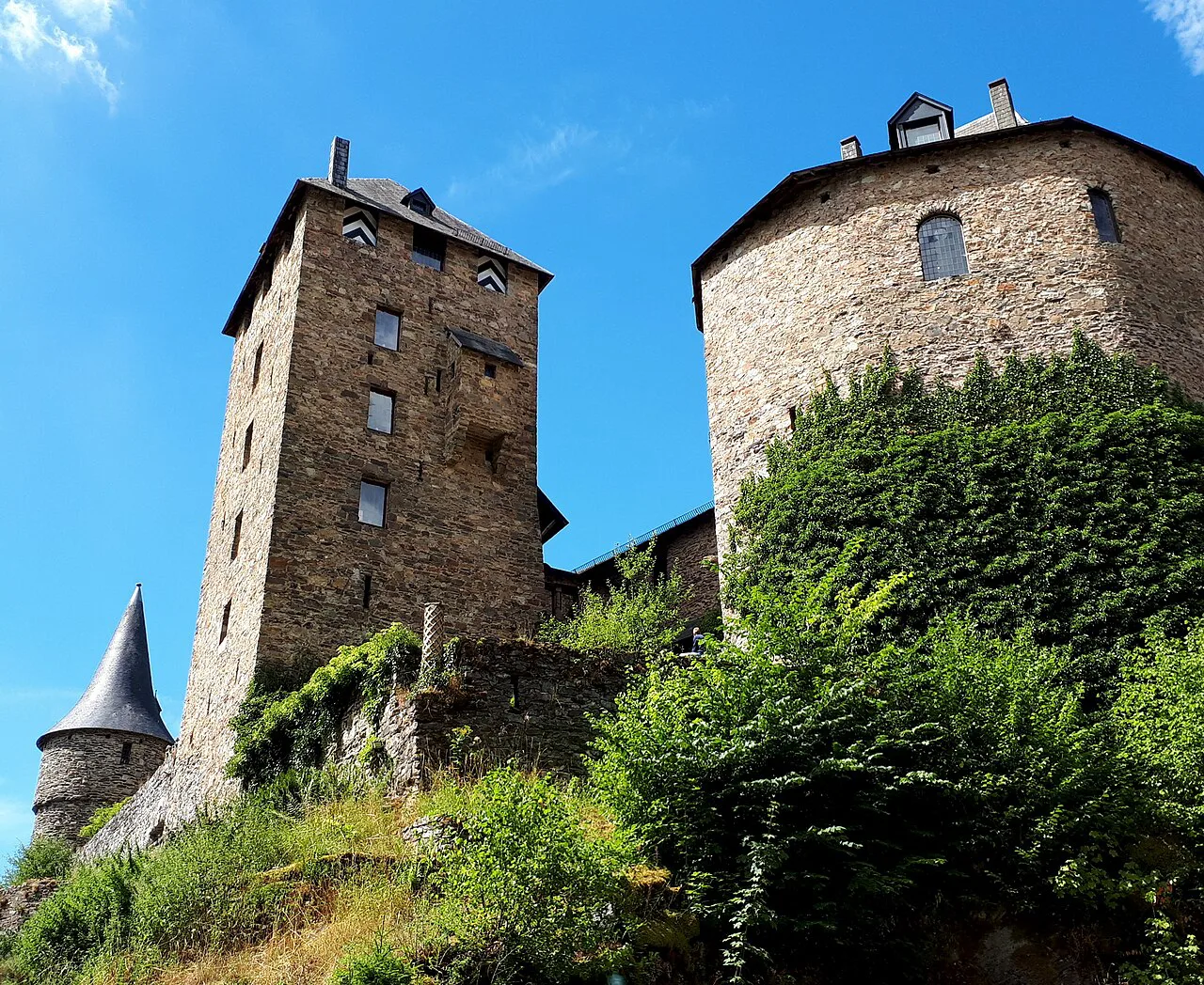The towers of Reinhardstein Castle above the wooded slope, Ovifat.