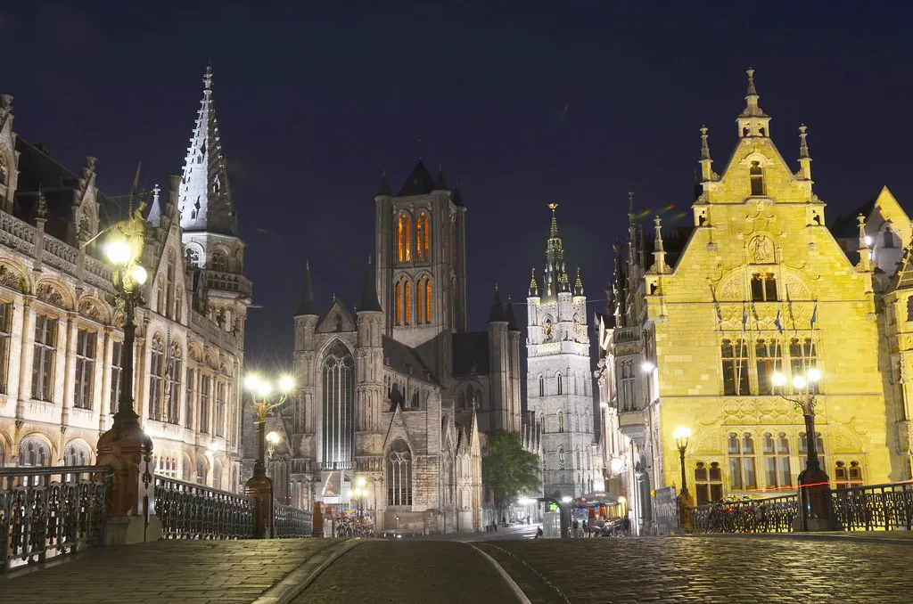 Saint Nicholas' Church and the Belfry lit at night, Ghent.