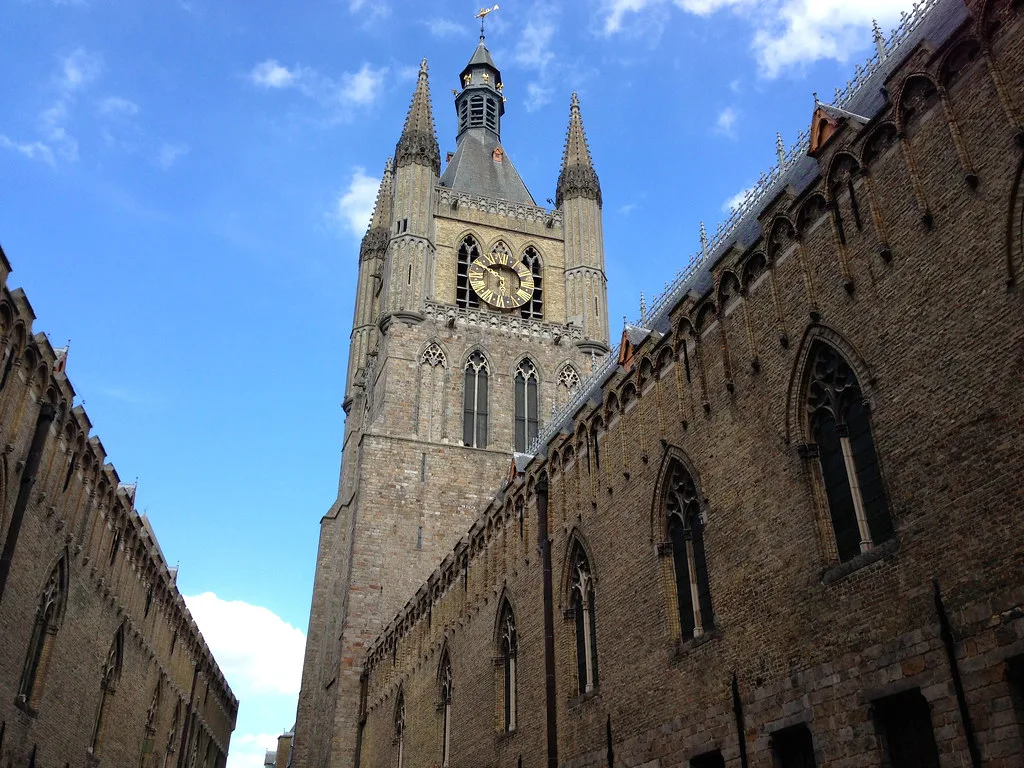 The belfry seen from the courtyard of the Cloth Hall, Ypres.