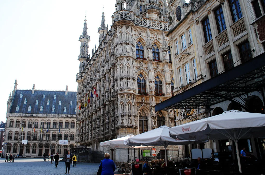 Leuven Town Hall with café terraces on the Grote Markt.