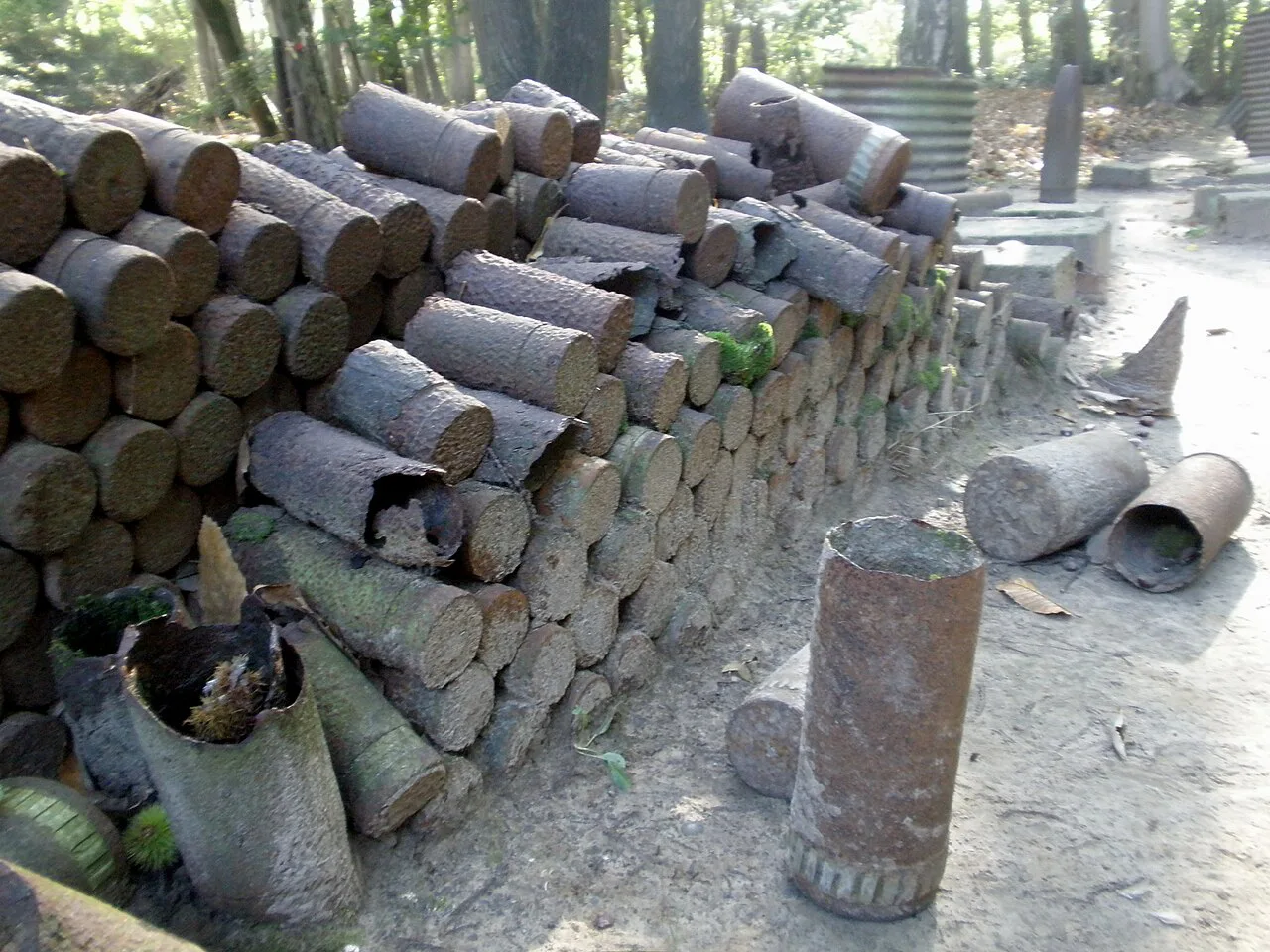 Stacked empty shell cases outside the Sanctuary Wood Museum at Hill 62 near Ypres.