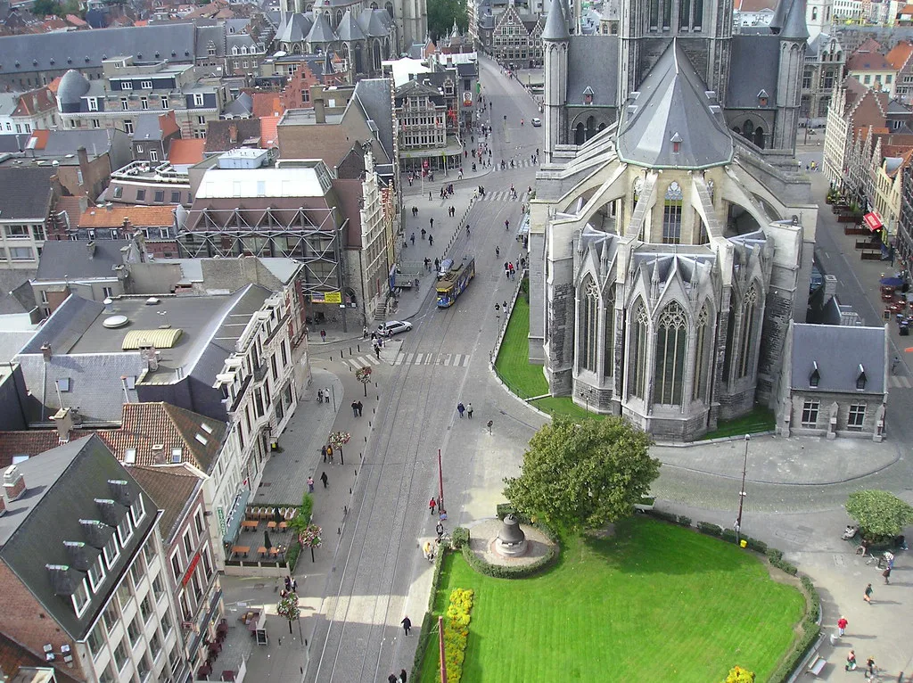 St Bavo's Cathedral and the rooftops of central Ghent seen from above.