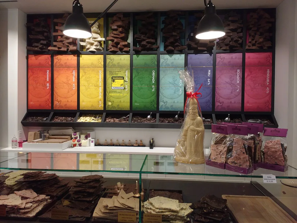 Chocolate displays inside The Chocolate Line shop in Bruges.