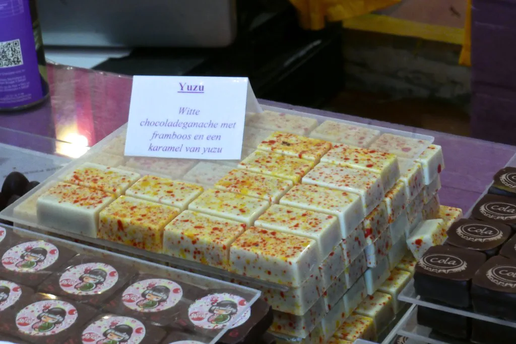 Trays of pralines and chocolates on sale at The Chocolate Line in Bruges.