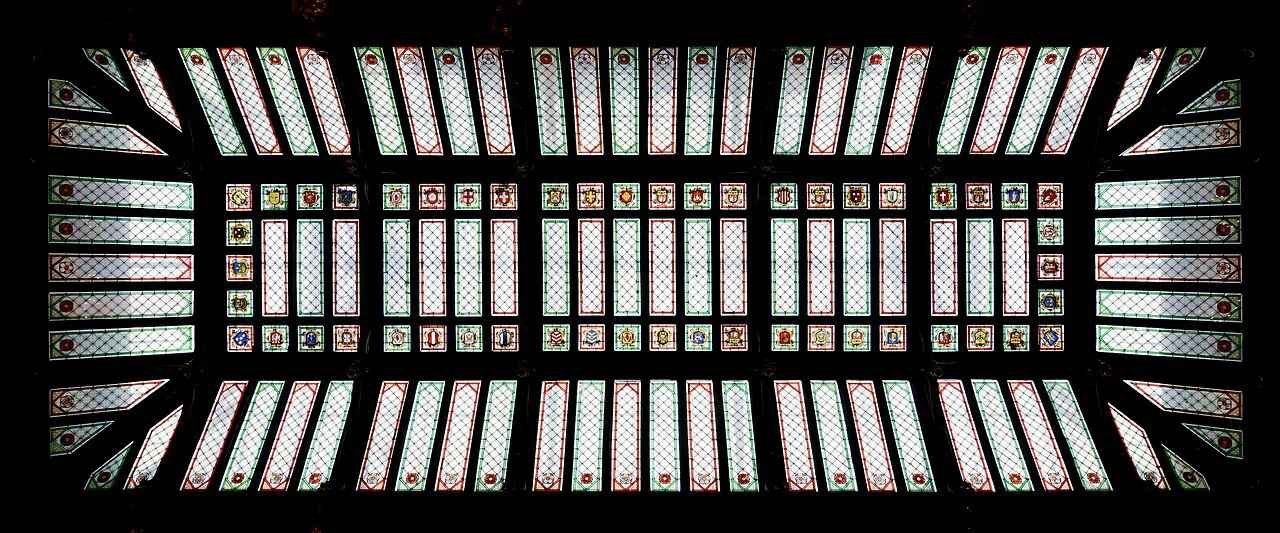 The stained-glass ceiling inside Antwerp City Hall.