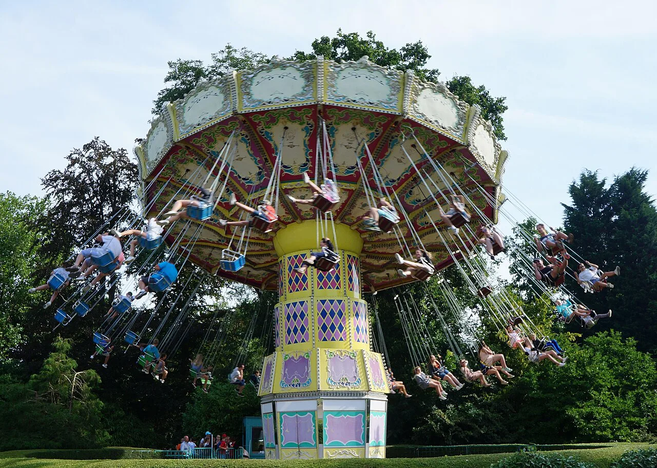 The Flying Carrousel swing ride at the entrance to Bellewaerde Park, Ypres.