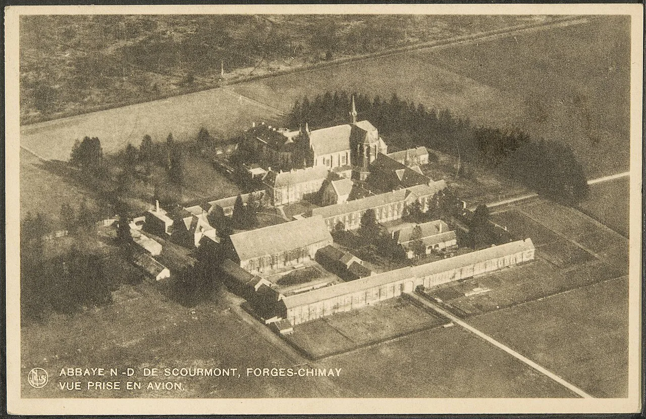 Scourmont Abbey near Chimay from the air, on an early printed postcard.