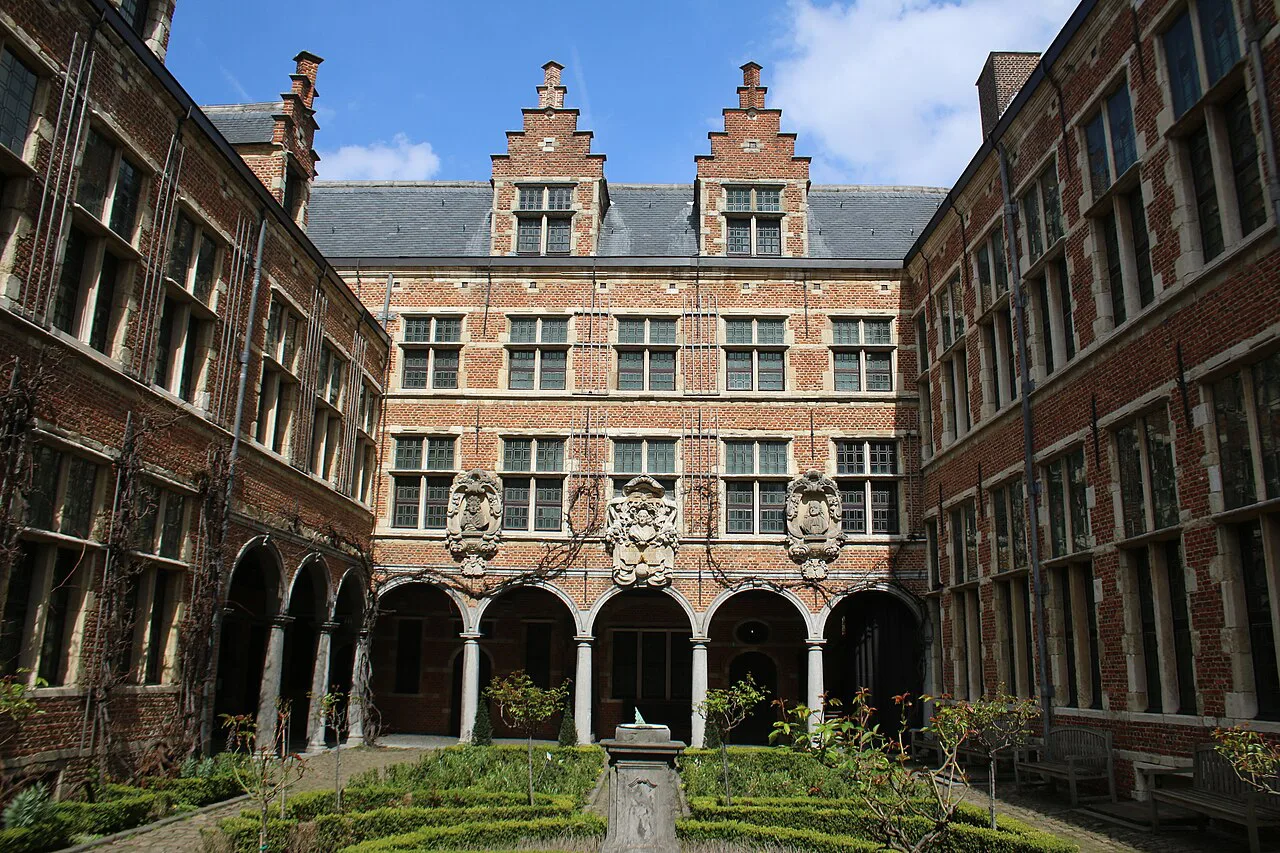 The arcaded courtyard garden of the Plantin-Moretus Museum, Antwerp.
