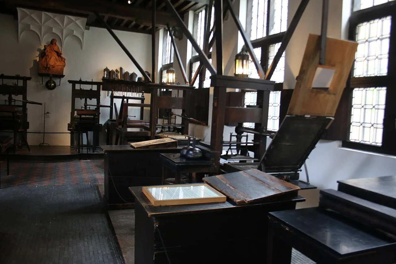 Historic printing presses in the workshop of the Plantin-Moretus Museum, Antwerp.