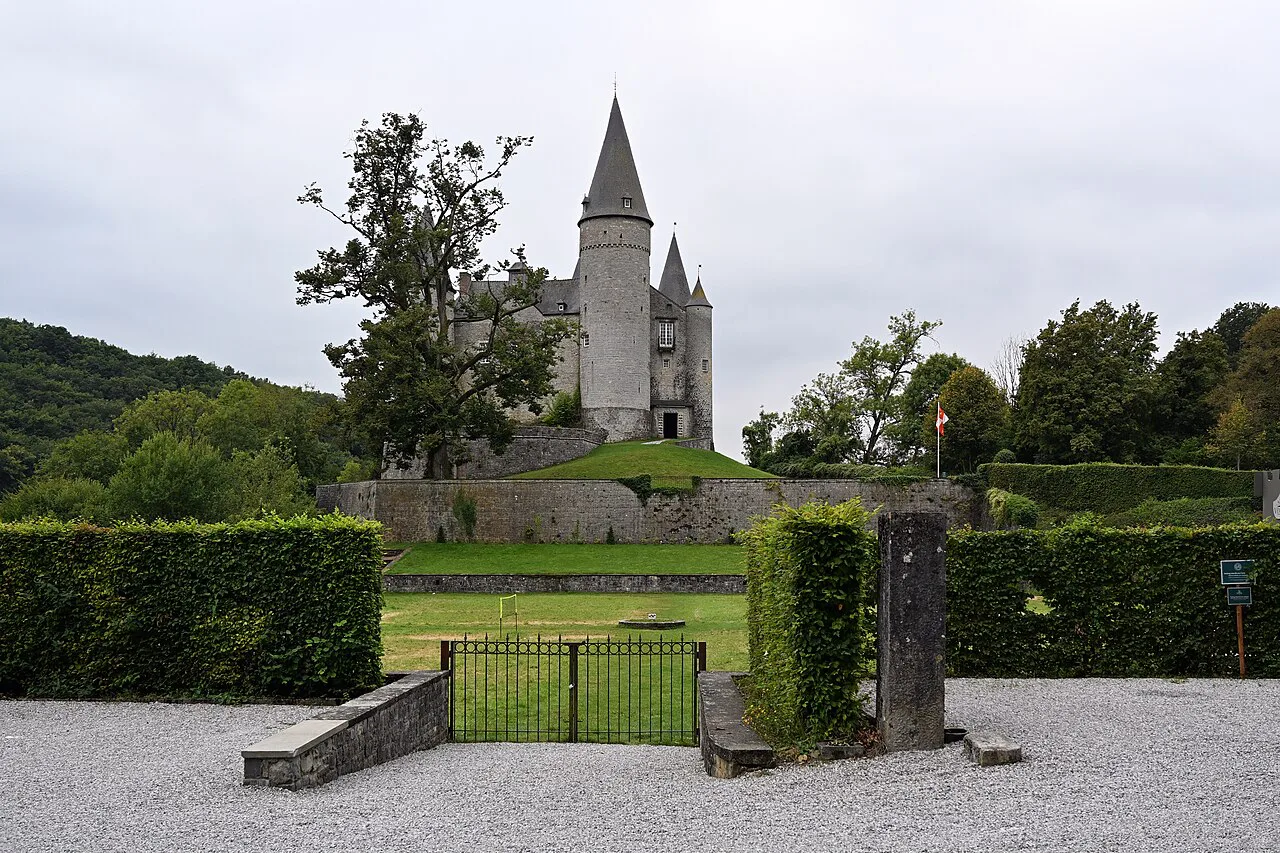 Château de Vêves seen from the Rue de Furfooz, Vêves, Houyet.