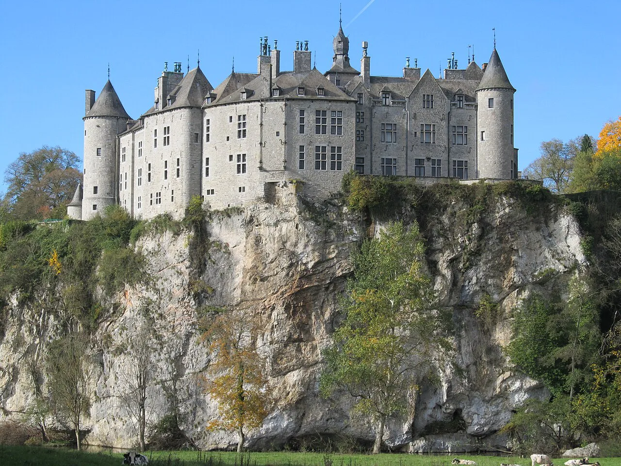 Walzin Castle perched on its limestone cliff, Walzin.