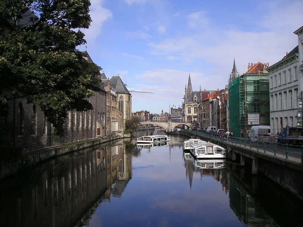A canal lined with old houses in central Ghent.