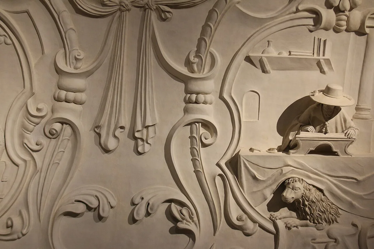 Baroque stucco ceiling decoration inside Park Abbey, Leuven.
