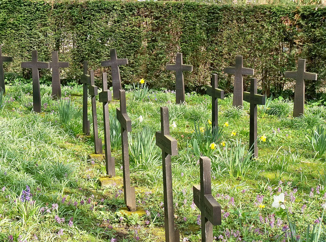 Iron crosses in the cemetery of Keizersberg Abbey, Leuven.