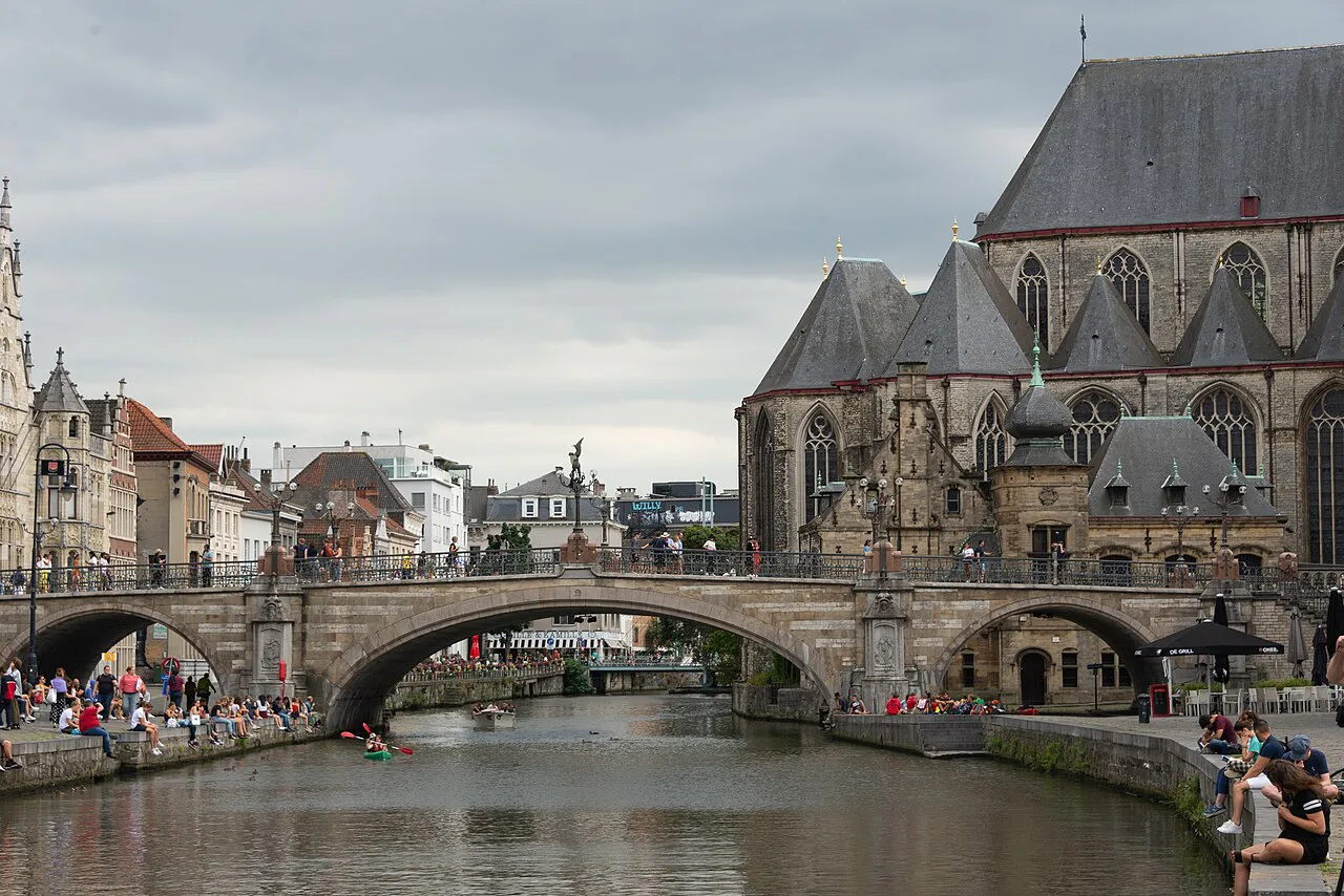 The Graslei and St Michael's Bridge on a summer day, Ghent.