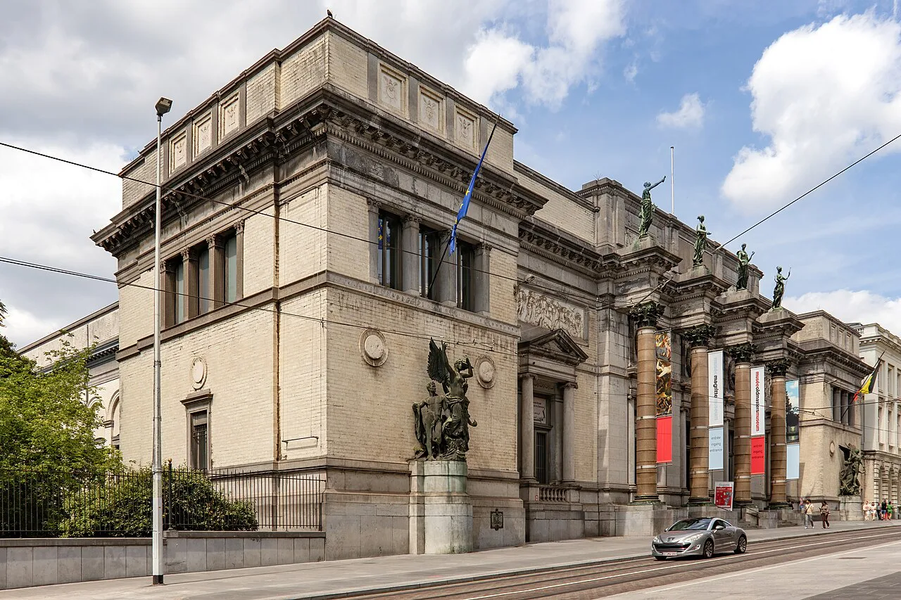 The neoclassical main façade of the Royal Museums of Fine Arts of Belgium in Brussels.