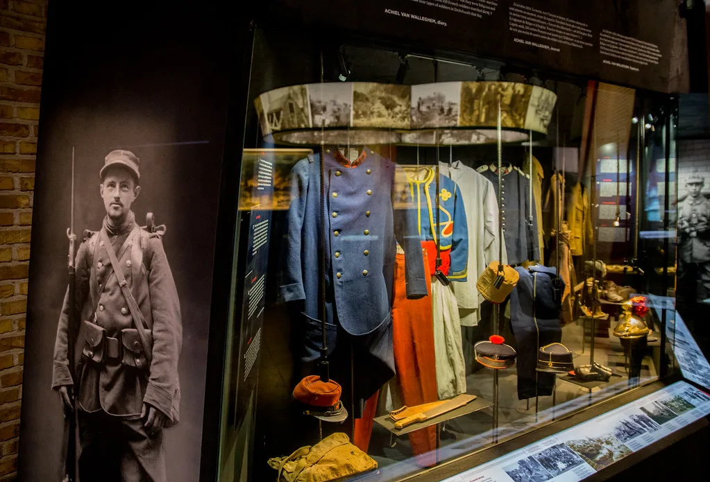 First World War uniforms on display in the In Flanders Fields Museum, Ypres.