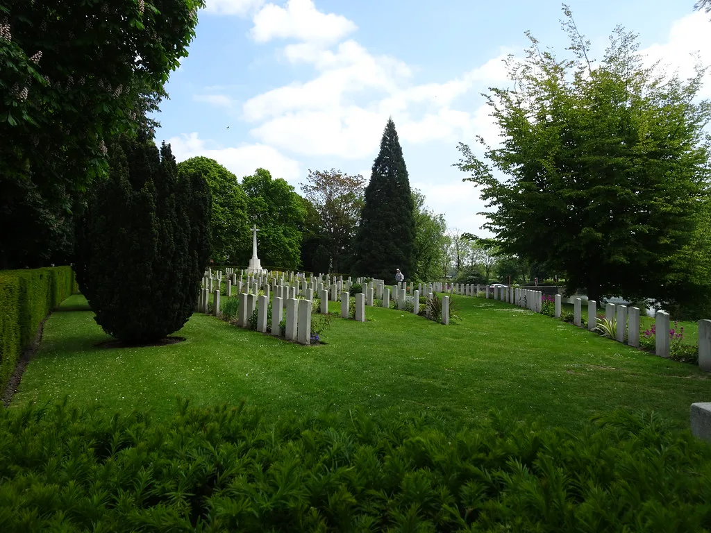 Rows of headstones at the Ramparts Cemetery near the Lille Gate, Ypres.