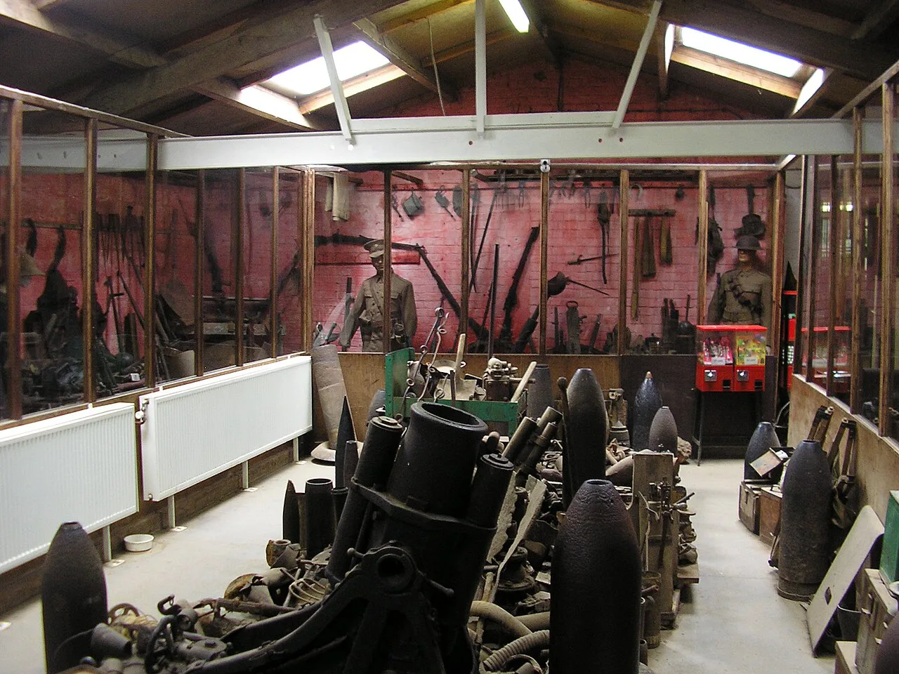Shell casings and weapons displayed inside the Sanctuary Wood Museum at Hill 62, Zillebeke.