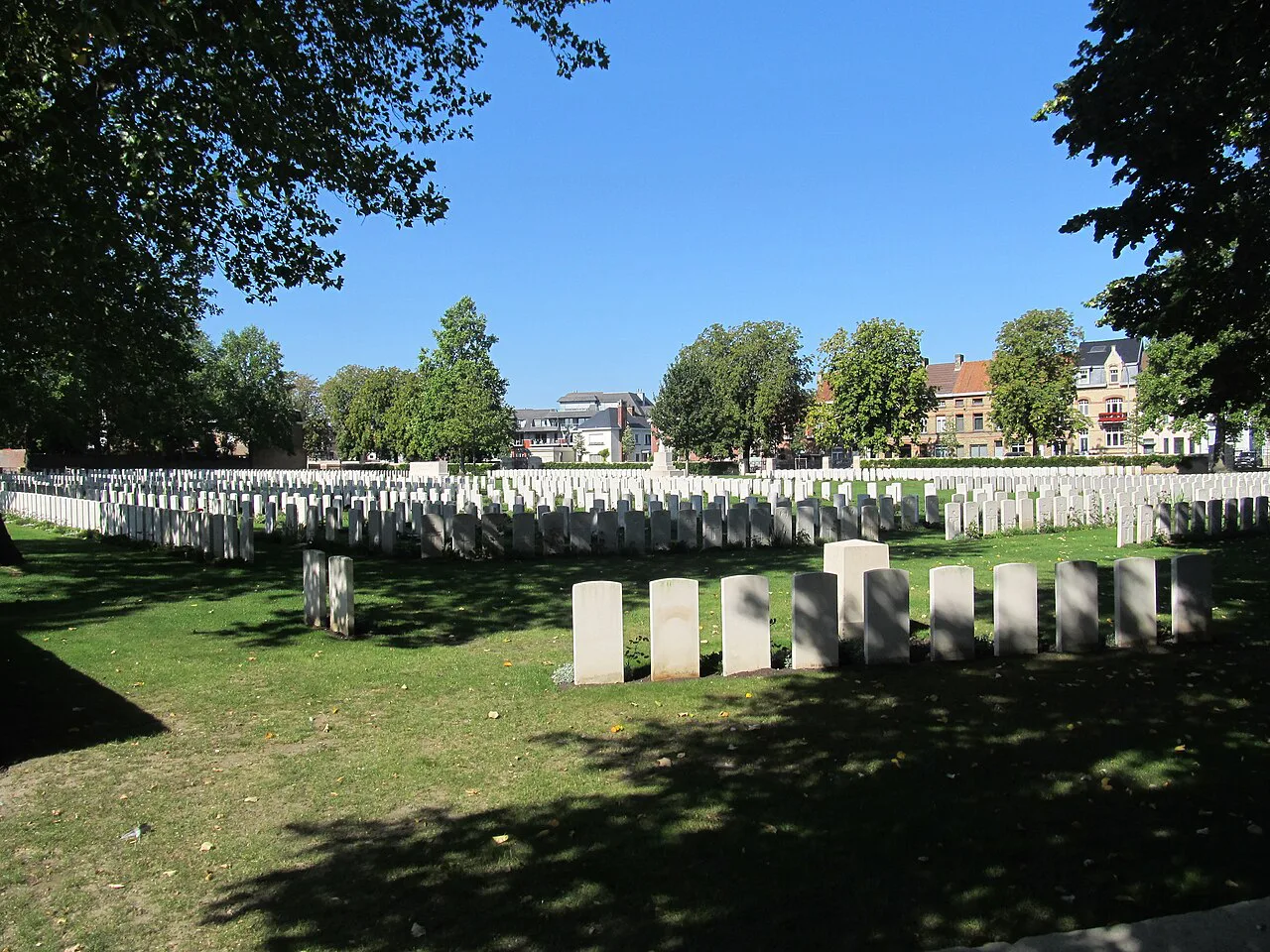 Rows of headstones at Ypres Reservoir Cemetery.