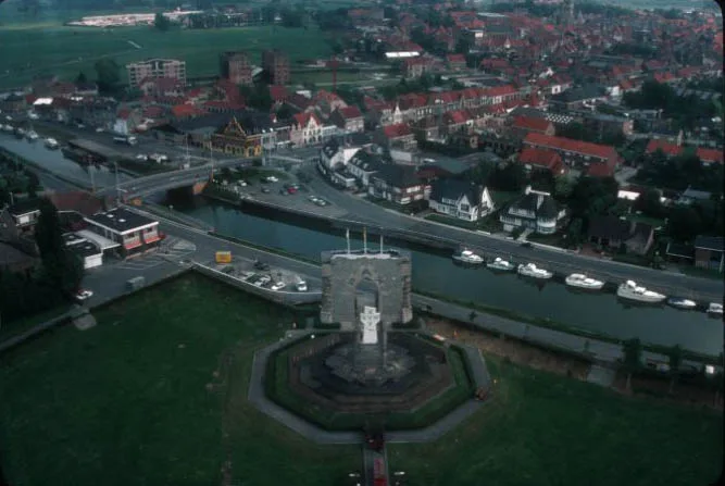 The Peace Gate and the Yser river seen from the top of the Yser Tower, Diksmuide.
