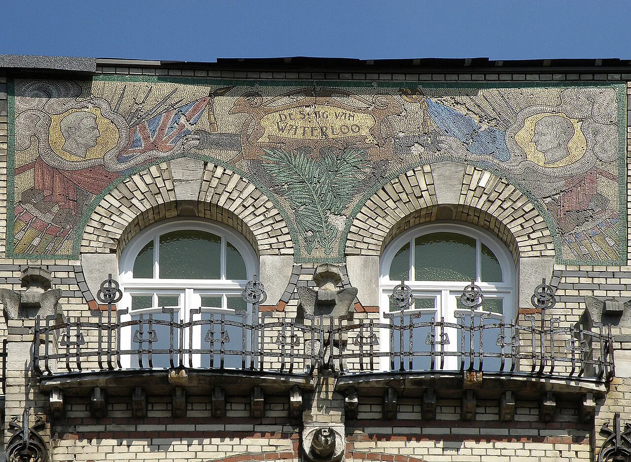 The mosaic-decorated Art Nouveau house De Slag van Waterloo in Zurenborg, Antwerp.
